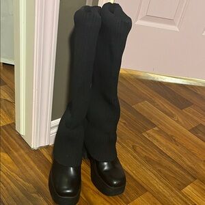 Bershka Knee-High Black Sock Boot Platform Heels